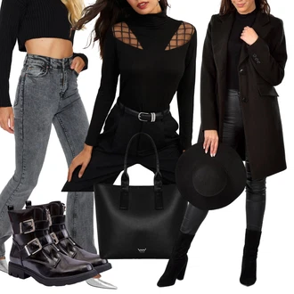 S Mokrým Vzhledem Outfit s Černá/Oranžová Halenka Průhledná blůza/Rozverná blůza/Halenka se Stojatým Límcem/Halenka s Trychtýřovým Límcem/Blůza s nášivkou na lokti/Halenkové Body cool & sexy "Outfit na podzim"Look: Cool, S Mokrým Vzhledem, Sexy