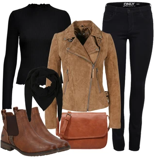 Outfit s Hnědá/Béžová Chelsea Boty/Kožená bunda/Plochá Kotníková Bota/Jezdecká Bota Mustang "Outfit na podzim"