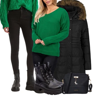 Outfit s Černá/Zelená/Tmavě Zelená Kožená bunda/Termální Džíny/Zimní bunda/Džíny s Rozparkem/Motorkářské Džíny/Kožené Boty top secret "Outfit na podzim"