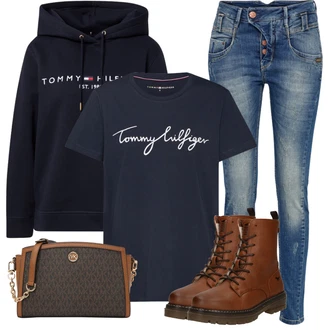 Nadrozměrné Outfit s Tmavě modrá Originální mikina/Svetr S Kapucí/Oversize mikina/Mikina/Unisex Mikina S Kapucí/Vintage mikina/Dámský Svetr/Svetr s kapucí/Sportovní mikina Tommy Hilfiger "Outfit na podzim"Look: Mom, Nadrozměrné, Sportovní, Unisex, Univerzitní, Vintage, Hip Hop