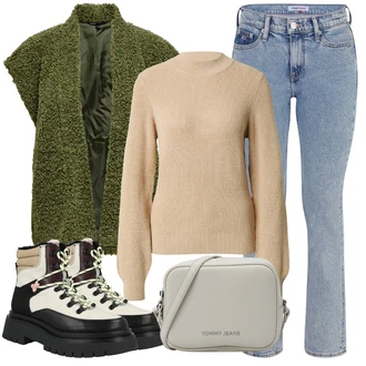 Squash Outfit s Béžová/Khaki/Hnědá Basic Svetr/Kašmírový Svetr/Kašmírový Svetr/Mohair Pullover/Jednoduchý Svetr/Rolák/Vlněný Svetr/Svetr s límečkem ESPRIT "Outfit na podzim"Look: Squash, Jízda na koni