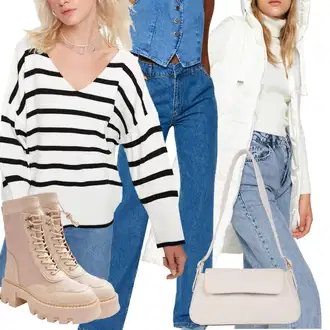 Outfit s Světle modrá/Tmavě modrá/Modrá/Oranžová Džín s Širokou Nohavicí/Vintage džíny/Plisované Džíny/Mom Jean/Kožená Pánská Bund/Džíny Volného Střihu/Džíny Culottes/High Waist Džínové Kalhoty/Dad Džíny Trendyol "Outfit na podzim"