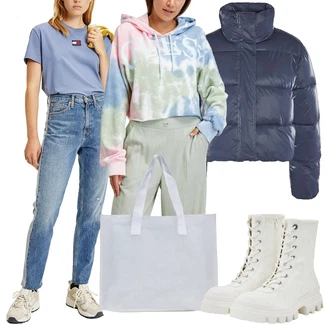 Krásný Outfit s Modrá/Světle modrá/Lilové barvy/Fialová Kožená Pánská Bund/Džíny Regular Fit/Mom Jean/Girlfriend Džíny/Vintage džíny/Zužující se Džíny/Dad Džíny/Formální Košile Tommy Jeans "Outfit na podzim"Look: 70tá léta, Ležérní, Cool, Egirl, Francouzské, Mom, Krásný, S průsvitem