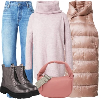 Široký pas Outfit s Šedá/Tmavě šedá/Růžová Motorkářská bota/Chelsea Boty/Plochá Kotníková Bota/Kožená kotníková bota/Kotníková Bota s Podšívkou/Teniska Tenisky s Bočním Zipem/Kozačka se zipem Apple of Eden "Outfit na podzim"