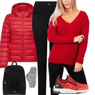 Outfit s Červená/Tmavě červená Pletený Svetr/Vlněný Svetr/Kardigan Vlněný kardigán/Hrubě pletený svetr/Zimní svetr/Kardigán s výstřihem do V/Dlouhý Svetr/Svetr s podšívkou/Jednoduchý Svetr/Svetr Carmen/Basic Svetr/Svetr s třásněmi/Svetr Niki/Kašmírový Svetr/Kašmírový kardigán/Svetr kroj/Svetr s Třásněmi/Zimní Svetr kesi "Outfit na podzim"