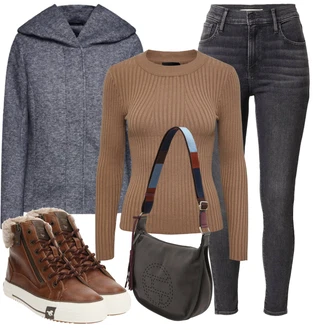 Outfit s Šedá/Modrá/Tmavě modrá/Tmavě šedá Bunda s Kapucí/Bunda 2v1/Vlněná Bund/Fleecová Bunda Pletená Fleecová Bundy/Merino bunda/Udržitelná bunda/Bouclé Bund/Přechodné Bundy Only "Outfit na podzim"