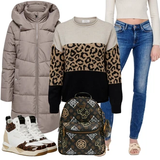 Elegantní Outfit s Béžová/Hnědá/Bílá/Krémová Vintage Teniska/Kožené Tenisky/Teniska na klínovém podpatku/Teniska teddy/Teniska s dírkovaným vzorem/Zimní Tenisky Guess "Outfit na podzim"Look: Elegantní, Retro, Streetwear, Šik, Glamourové, Safari, Trendový, Sportovní
