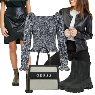 Oblečení se sukní Egirl s Bílá/Černá/Tmavě šedá orsay "Outfit na podzim"Look: 20 léta, Šik, S Mokrým Vzhledem, Egirl, Pracovní oděvy, Chytrý příležitostný