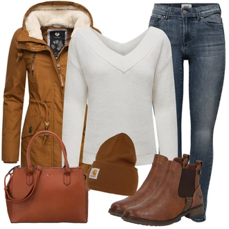 Outfit s Hnědá/Béžová Chelsea Boty/Kožená bunda/Plochá Kotníková Bota/Jezdecká Bota Mustang "Outfit na podzim"
