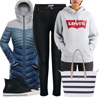 Zima Outfit s Černá/Tmavě modrá/Modrá Teniska Zimní Tenisky/Teniska s dírkovaným vzorem/Tenisky s Bočním Zipem/Plátěná Teniska/Teniska teddy Converse "Outfit na podzim"