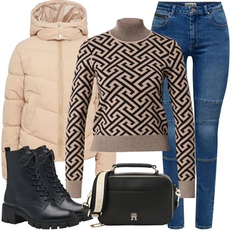 Motorka Outfit s Černá/Modrá/Tmavě modrá Kozačka Šněrovací Kotníková Bota/Kožená kotníková bota/Motorkářská bota/Bojová Bota Tamaris "Outfit na podzim"Look: Potápění, Skating, Motorka