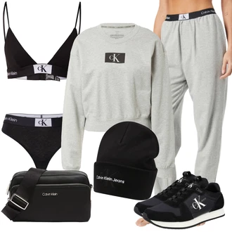 Veslování Outfit s Šedá/Khaki/Tmavě zelená/Světle šedá Fleecová Mikina/Kožená bunda/Sportovní mikina Calvin Klein underwear "Outfit na podzim"Look: Atletika, Veslování, Posilování