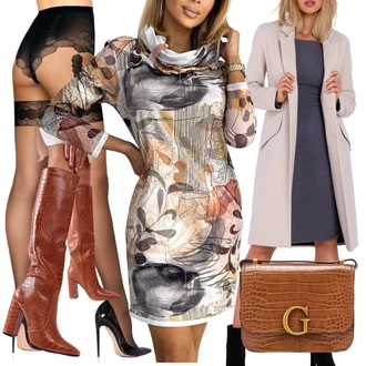 Outfit s Šedá/Hnědá/Žlutá/Fialová/Vícebarevný Šaty S Potiskem/Zimní šaty s dlouhým rukávem/Šaty s dlouhým rukávem/Šaty S Vysokým Výstřihem/Šaty na Podzim/Šaty s 3/4 Rukávem Numoco "Outfit na podzim"