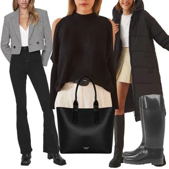 Outfit s Fialová/Bílá/Hnědá/Růžová/Černá Kardigan Zavinovací svetr/Kardigán se stojatým límečkem/Krátký svetr/Kardigán s kulatým výstřihem/Pončo/Pletené pončo happiness İstanbul "Outfit na podzim"