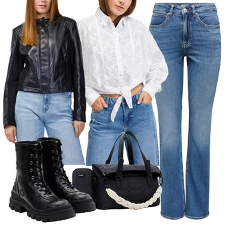 Motorkář Outfit s Černá Kozačka Vintage Kotníková Bota/Motorkářská bota/Klasická Kozačka/Ovčí Kožešinová Bota/Šněrovací Kotníková Bota/Šněrovací Kozačka na Platformě/Bojová Bota Desigual "Outfit na podzim"