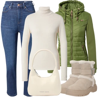 Outfit s Hnědá/Khaki/Béžová Kozačka Boty do Sněhu/Zimní bota/Zimní Kozačka z jehněčí kůže/Vycpaná Kozačka/Zimní kotníková bota/Zimní tenisky/Plochá Kotníková Bota/Kotníková Bota s Podšívkou Tom Tailor "Outfit na podzim"