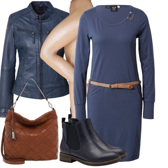 Outfit s Modrá/Tmavě Modrá Kožené Bund Bunda z Umělé Kůže/Kožené Bund/Motorkářské Bund/Motorkářská bunda/Kožená vintage bunda/Bunda s Bočním Zipem/Kožená Bomber Bund Maze "Outfit na podzim"