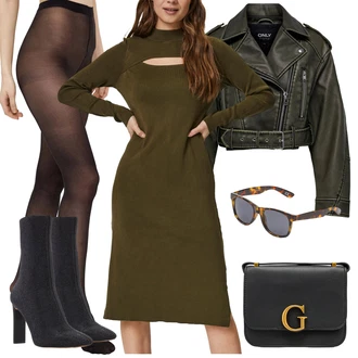 Outfit s Tmavě zelená Šaty s dlouhým rukávem/Midi Šaty/Dlouhé pletené šaty/Šaty S Vysokým Výstřihem/Šaty na Podzim/Zimní šaty s dlouhým rukávem/Svetrové Šaty/Šaty S Rolákem VERO MODA "Outfit na podzim"