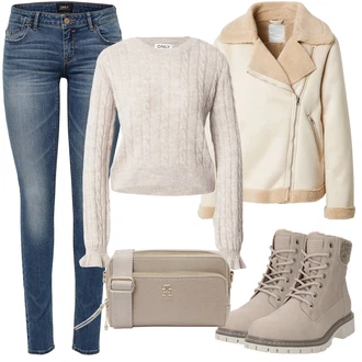 Motorka Outfit s Hnědá/Béžová/Khaki Udržitelná bunda/Bunda s Bočním Zipem/Vintage Bund/Vlněná Bund/Neobvyklá bunda/Plyšová Bund/Pilotní Bunda/Podzimní bunda/Bunda z Jehněčí Kůže Sisters Point "Outfit na podzim"Look: Motorka, Jízda na koni