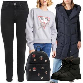 Zima Outfit s Černá Zimní kotníková bota/Zimní bota/Teniska Zimní Tenisky/Ovčí Kožešinová Bota/Vycpaná kozačka/Zimní kozačka z jehněčí kůže Guess "Outfit na podzim"