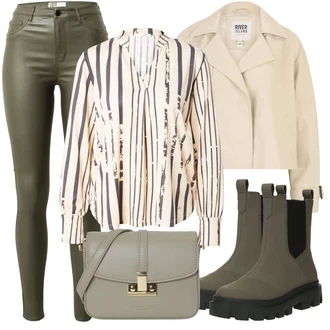 Kůže Hunting Outfit s Tmavě zelená/Khaki Chelsea Boty/Kožená bunda/Gumová Kotníková Bota TOMS "Outfit na podzim"Look: Hunting, Trekking, Na Procházku, Turistika