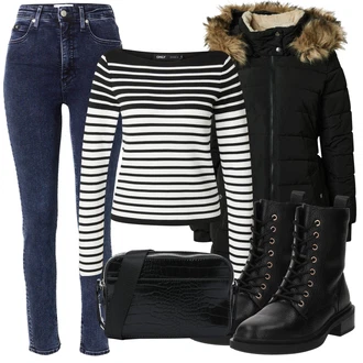 Outfit s Tmavě modrá/Modrá High Waist Džínové Kalhoty/Kožená bunda/Džíny s Rozparkem/Termální Džíny/Kožené Boty/Zimní bunda/Push up Džín Calvin Klein "Outfit na podzim"