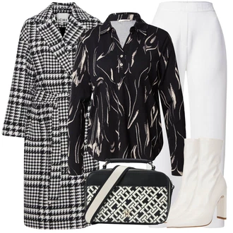 Outfit s Bílá/Žlutá/Černá Kabát Bouclé/Pletený Kabát/Vlněný Kabát/Kašmírový Kabát/Tweedový Kabát/Zimní Kabát Vlněný kabát/Midi Kabát Ichi "Outfit na podzim"