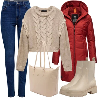 S Třásně Outfit s Hnědá/Béžová/Khaki Chelsea Boty/Kožená bunda/Gumová Kotníková Bota/Plochá Kotníková Bota/Kotníková Bota s Podšívkou About You "Outfit na podzim"