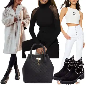Podzim Outfit s Fialová/Černá/Hnědá/Zelená Průhledná blůza/Krajková Tunika/Krajková Halenka/Kožená bunda pro muže/Neobvyklá Halenka/Halenka se Stojatým Límcem/Halenka s Trychtýřovým Límcem/Blůza s nášivkou na lokti/Halenkové Body cool & sexy "Outfit na Podzim"