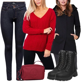 Outfit s Červená/Tmavě červená Pletený Svetr/Vlněný Svetr/Vlněný kardigán/Hrubě pletený svetr/Zimní svetr/Kardigán s výstřihem do V/Dlouhý Svetr/Svetr s podšívkou/Jednoduchý Svetr/Svetr Carmen/Basic Svetr/Svetr s Třásněmi/Svetr Niki/Kašmírový Svetr/Kašmírový kardigán/Svetr kroj/Svetr s Třásněmi/Zimní Svetr kesi "Outfit v podzimních barvách"