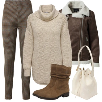 Outfit sa Smeđa/Kaki Samtaste Tajice/Hlača od Tvida/Termo Hlača/Karirane Hlače/Pletena Tajica About You "Outfit za zimu"