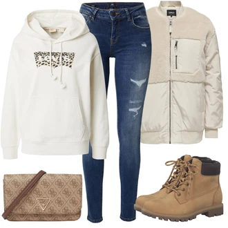 Boja Outfit sa Smeđa/Bež/Kaki Čizmica Gležnjača na Vezanje/Borbena Čizma/Podstavljena Gležnjača/Ravna Gležnjača/Zimska gležnjača/Vodootporne čizme/Klasična čizmica/Cipela za Trekking Tamaris "Outfit za zimu"Look: Boja, Vanjski