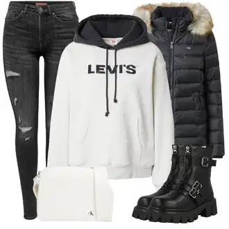 Kombinacije za zimu Gotički sa Crna Motociklistička čizma/motociklistička čizma About You "Outfit za zimu"Look: Stil, Metal, Punk, Techno, Gotički