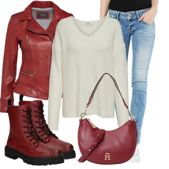 Outfit s Černá/Fialová/Bílá/Hnědá/Oranžová/Růžová Džíny s Dírou/Zkrácené Džíny/Motorkářské Džíny/Kožená bunda/Push up Džín/Džíny s Nízkým Sedem/Džín s Nízkým Pasem/Džíny s Rozparkem/Kotníková Bota LTB "Outfity na každý den"