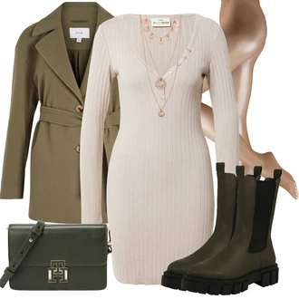 Outfit s Tmavě zelená/Béžová/Khaki Přechodový Kabát/Kabát z Kabanosu/Blazerový Kabát/Trenčkot/Kabát s Úzkým Střihem/Lodenový kabát/Letní Kabát/Vlněný Kabát/Trenčkot Vila "Outfity na zimu"