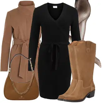 Outfit s Hnědá/Béžová Klasická kozačka/Kozačka po Kolena/Jezdecká Bota/Kovbojská Bota/Dlouhá Kozačka/Vintage kozačka/Kozačka se zipem/Bota se širokým nohavici Apple of Eden "Outfity na zimu"