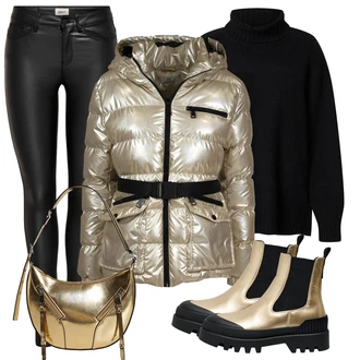 Outfit s Šedá/Zlatý Chelsea Boty/Kožená bunda/Gumová Kotníková Bota/Plochá Kotníková Bota Only "Outfity na zimu"