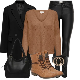 Outfit s Hnědá/Béžová Basic Svetr/Svetr Carmen/Kašmírový Svetr/Pletený Svetr/Mohair Pullover/Svetr Niki/Jednoduchý Svetr/Svetr s Třásněmi/Svetr s V-výstřihem/Vlněný Svetr Only "Outfity na zimu"