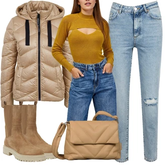 Kůže Hunting Outfit s Béžová/Hnědá Plochá Kotníková Bota/Ovčí Kožešinová Bota/Zimní kozačka z jehněčí Kůže/Gumová Kotníková Bota/Klasická kozačka/Kožená bunda/Kotníková Bota s Podšívkou/Chelsea Boty Geox "Outfity na zimu"Look: Trekking, Hunting