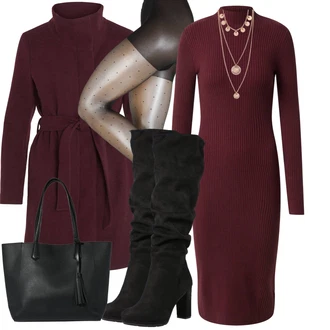 Outfit s Tmavě červená/Vínová/Fialová Přechodový Kabát/Pletený Kabát/Zimní Kabát Vlněný kabát/Scuba Kabát/Vlněný Fleecový Kabát/Trenčkot/Lodenový kabát/Midi Kabát/Kašmírový Kabát Vila "Outfity na zimu"