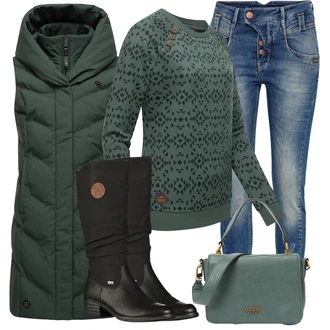 Tenis Outfit s Tmavě zelená/Zelená Sportovní Mikina/Fleecová Mikina/Pletená Mikina s kapucí Ragwear "Outfity na zimu"Look: Badminton, Tenis
