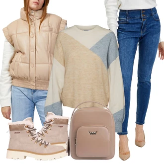 Outfit s Béžová/Hnědá Krátká Vest/Peřová Vest/Puffer Vest/Prošitý Prslušenství/Moderní Svetrová Vest Guess "Outfity na zimu"