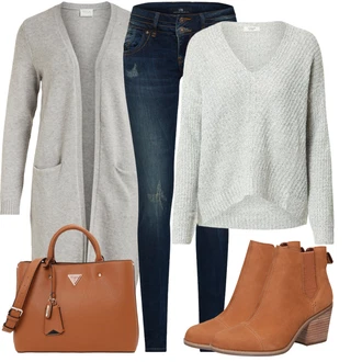 Outfit s Hnědá/Oranžová Chelsea Boty/Kotníková Bota s Podšívkou/Kovbojská kotníková bota/Bota na klínku/Kožená bunda/Letní kotníková kozačka/Westernová Kotníková Bota TOMS "Outfity na zimu"