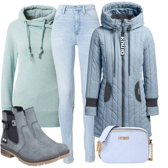 Outfit s Šedá/Tmavě Modrá/Modrá Letní kotníková Kozačka/Gumová Kotníková Bota/Zimní kotníková bota/Kotníková Bota s Podšívkou/Kožená bunda/Plochá Kotníková Bota/Chelsea Boty Rieker "Outfity na zimu"