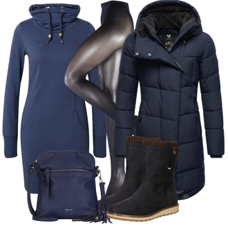Pavla Outfit s Tmavě Modrá/Modrá Zimní Kabát/Prošívaný kabát/Přechodový Kabát/Dlouhý Péřový Kabát/Kabát s Kapucí/Péřový Kabát/Dlouhý Zimní Kabát Ragwear "Outfity na zimu"