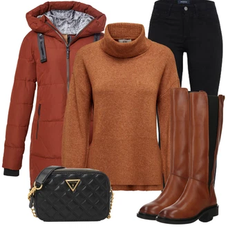 outfit mit Rjava/Rdeča/Bež Vintage škorenj/Škorenj z zadrgo/Dolg Škorenj/Visok Škornj do Kolen/Široki škorenj/Jahalni Škorenj About You "Oblačila za jesen"