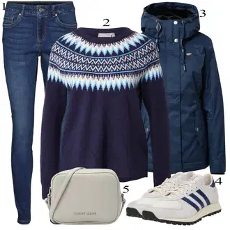 Denim outfits Zima mit Modra/Temno modra/Svetlo modra/Škrlatna Pletene velika velikost/Pulover Fransa "Obleka za jesen"