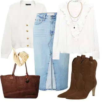 Oble?ení se sukní Károvaný s Bílá/Hn?dá/Krémová Crash bl?za/Halenka se Stojatým Límcem/Halenka s Volánem/D?tská hra?ka Mango "Oble?ení do kancelá?e"