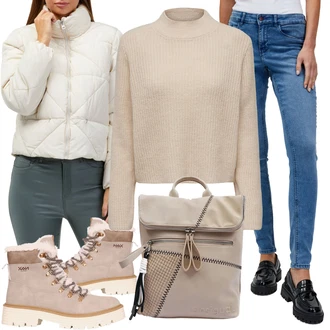 Outfit s Světle modrá/Modrá Kožená bunda/High Waist Džínové Kalhoty/Termální Džíny/Kožené Boty/Navlékací džíny/Slim Fit Džíny/Zimní bunda/Motorkářské Džíny/Push up Džín orsay "Perfekt na podzim"