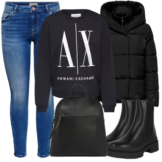 Outfit s Černá/Tmavě modrá/Modrá Fleecová Mikina/Kožená bunda/Sportovní mikina Armani Exchange "Perfekt na podzim"